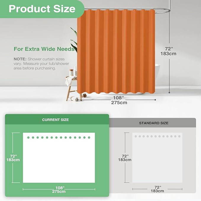 Dynamene Extra Wide Shower Curtain - 108 Inch Wide Waffle Weave Weighted Thick Cloth Bathroom Shower Curtain, Neutral Heavy Duty Hotel Bath Curtain Set with 18 Plastic Hooks, 108x72, Burnt Orange