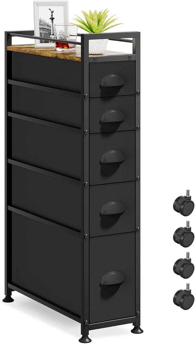 LASZOLA 5 Drawer Narrow Dresser Slim Cabinet Skinny Storage Tower Chest, Ideal for Small Spaces Bathroom, Between Washer and Dryer, Lightweight Mobile on Wheels, Sturdy Fabric Drawers, Black