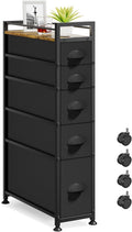 LASZOLA 5 Drawer Narrow Dresser Slim Cabinet Skinny Storage Tower Chest, Ideal for Small Spaces Bathroom, Between Washer and Dryer, Lightweight Mobile on Wheels, Sturdy Fabric Drawers, Black