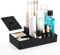 Luxspire Bathroom Counter Organizer, Marble Toothbrush Holder for Bathroom 6 Slot, Bathroom Vanity Organizer with Lid, Bathroom Organizer Countertop for Cotton Ball, Q-Tips, Floss, Matte Black