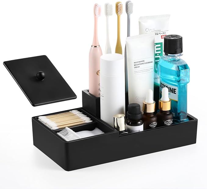Luxspire Bathroom Counter Organizer, Marble Toothbrush Holder for Bathroom 6 Slot, Bathroom Vanity Organizer with Lid, Bathroom Organizer Countertop for Cotton Ball, Q-Tips, Floss, Matte Black