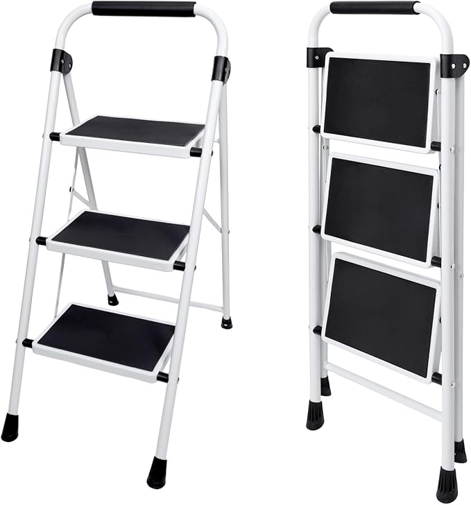 OLIXIS Step Ladder, 3 Sturdy Step Stool with Anti-Slip Pedal & Comfortable Handrail, Portable Heavy Duty Step Stool for Kitchen, Garage & Outdoor Use, 330lbs, Black