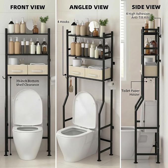 GloTika 3-Tier Over Toilet Storage with 2 Basket & Anti-Tilt System - 150lb Total Capacity Metal Bathroom Shelves Including Paper Holder & 4 Hooks, Space Saving Above Commode Organizer (64" H, Black)