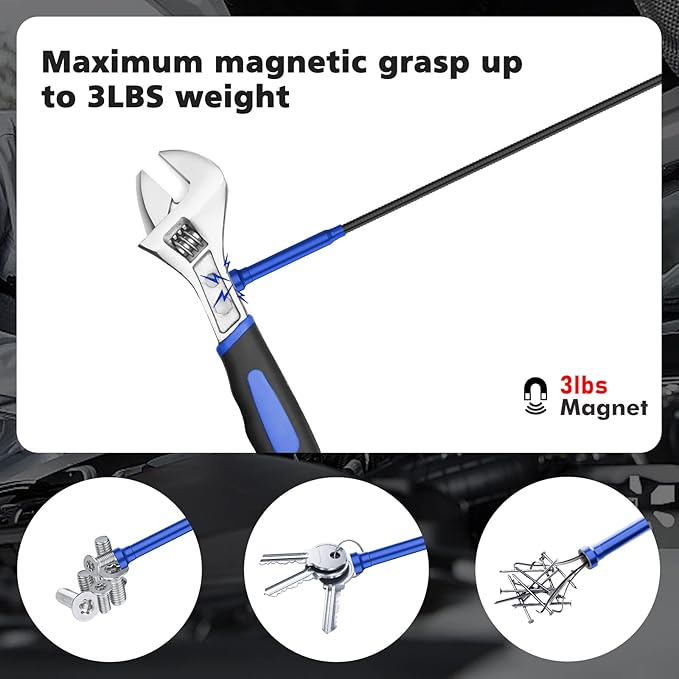 Housolution 28.34in Grabber Tool Magnetic Four-Claw Picker, Bendable Hose Reacher Pickup Sweeper with LED Light Battery, Flexible Long Handy Reaching Assist Tool for Litter Pick/Home Sink/Drain, Blue