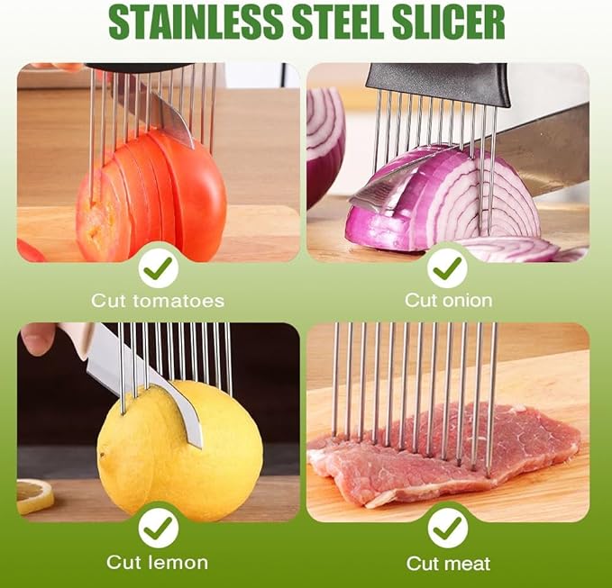 Onion Holder for Slicing, 2025 New Stainless Steel Onion Slice Holder Lemon Slicer Vegetable Cutter, Kitchen Gadgets Chopper Slicing Assistant Tool for Meat, Onion, Tomato, Potato (1 Pcs)