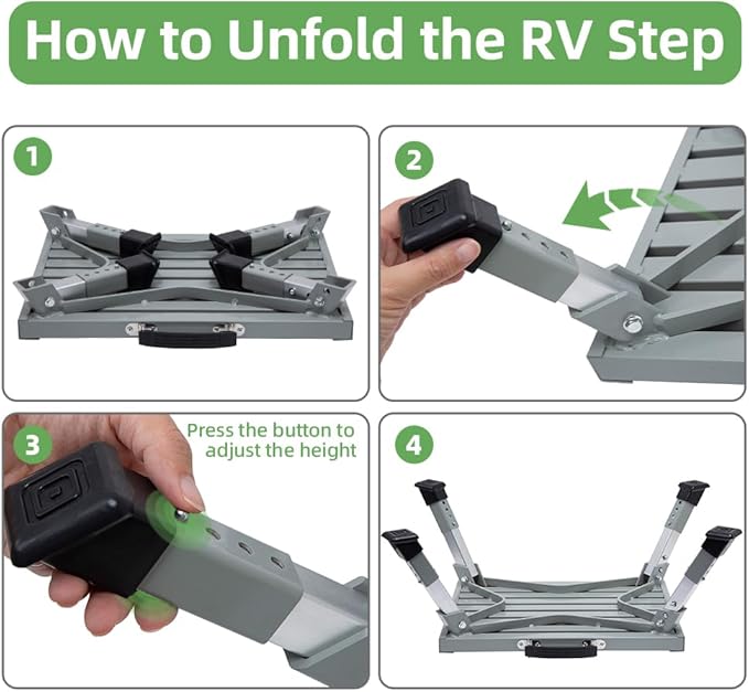 Homeon Wheels Iron RV Steps Adjustable Folding Step Stool with Non-Slip Rubber Feet, Stable Platform Supports 1000bs, Safety Strips, Handle, Easy Carry, Outdoor Camper Trailer Travel - Gray