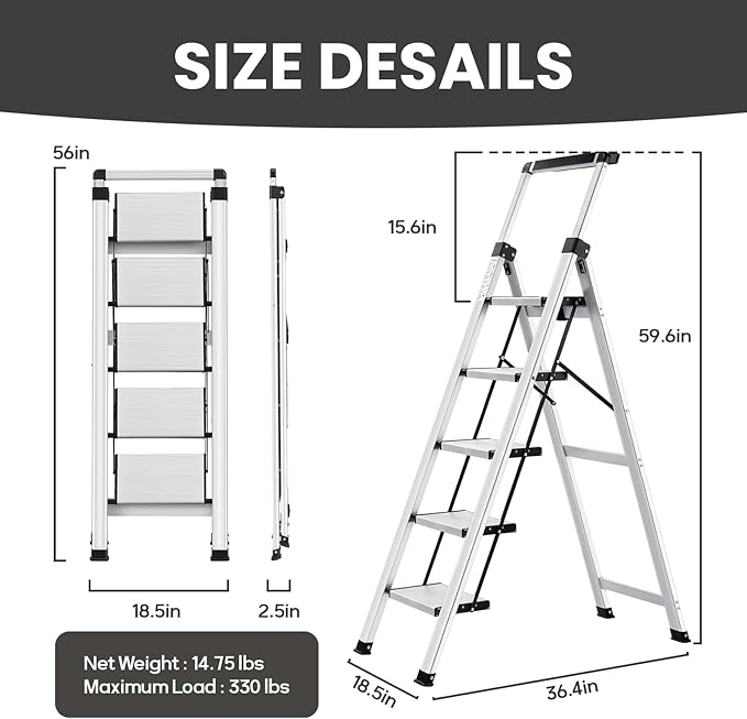 XinSunho 5 Step Ladder, Silver Aluminum Folding Stool with Retractable Handrails & Tool Tray, Anti-Slip, Sturdy Lightweight, 330lbs Safety Load for Kitchen Indoor Outdoor