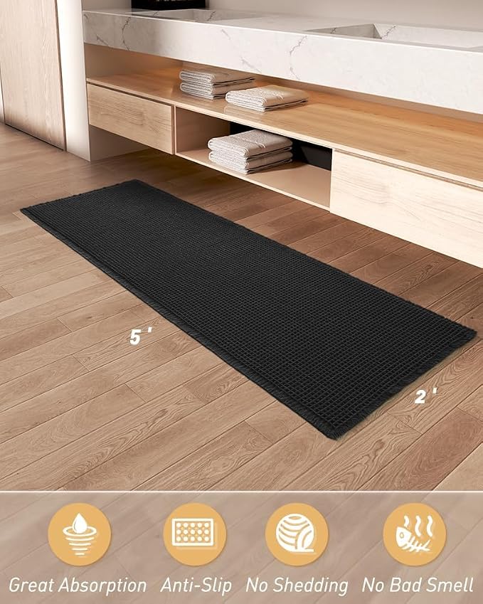 AMOAMI Upgraded Waffle Runner Rug, Super Absorbent Non Slip Bath Mats for Bathroom Floor, Washable Bathroom Runner Rug with Tassels, Ideal for Hallway Bedroom Laundry Room, Black, 2'x 5'(24" x 60")