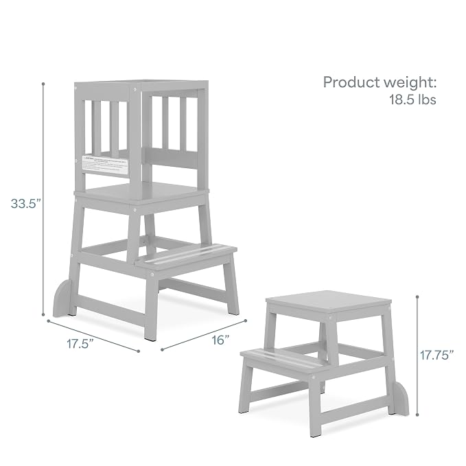 Dream On Me 2-in-1 Funtastic Tower and Step Stool, Toddler Kitchen Helper Tower and Step Stool, Safety Rails, Anti-Skid Pads, Non-Slip Strips & Stabilizer Fins for Safe Counter Activities - Cool Grey