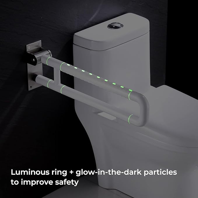 Flip Up Grab Bar for Toilet: Upgraded 23.6 Inch Handicap Grab Bars for Bathroom - Wall-Mount, Non-Slip Toilet Handles with Glows at Night, Suitable for Elderly Pregnant Women and Disabled