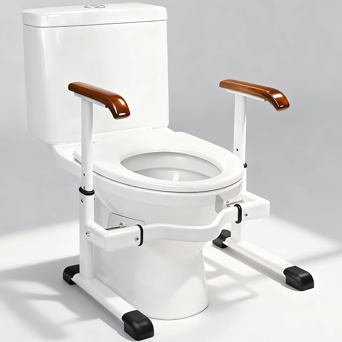 FSA/HSA Eligible Toilet Safety Rails for Elderly with Solid Wood Handles, Adjustable Height & Width, Heavy Duty Thickened Toilet Safety Frame, 520 LBS Capacity, Handles for Disabled & Seniors