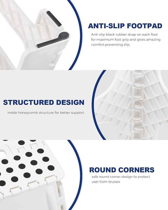 ACKO 11 Inch Folding Step Stool, Non-Slip Foldable Step Stools up to 300lbs for Kids and Adults, Portable Lightweight Collapsible Stool with Handle, for Kitchen Bathroom, White