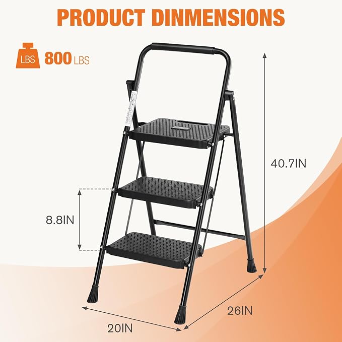 Sweetcrispy Folding 3 Step Ladder Stool - Lightweight, 800lbs Sturdy, with Anti-Slip Feet - Perfect for Home, Kitchen, and Office Use, Easy Storage and Portable Design