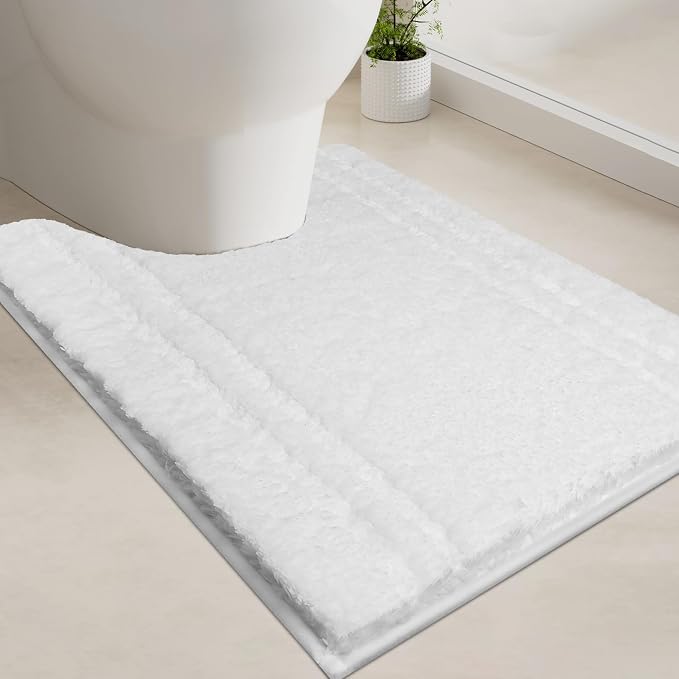PURRUGS Bathroom Rug Non-Slip Machine Washable 20" x 24" U-Shaped, Super Absorbent and Quick Dry Shaggy Microfiber Bath Mat, Extra Soft and Plush Contour Rug for Toilet Base, White