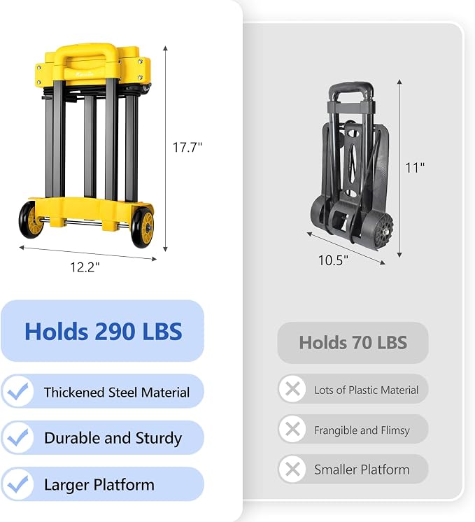 KEDSUM Folding Hand Truck, 290 lbs Dolly Cart with Wheels, Collapsible Hand Truck Dolly, Foladable Utility Cart Lightweight and Portable Luggage Cart for Airport Travel, Moving and Office Use, Yellow