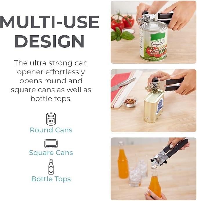 Kitchen Genie Slip Resistant Stainless Steel Manual Can Opener, Sharp Blade for Smooth Edge Cuts, Easily Open Cans, Ergonomic Handles with Easy to Turn Knob, Built-In Bottle Openers, Pitch Black