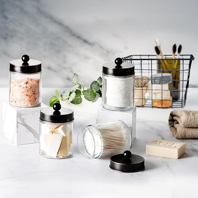 Amolliar 4Pc Apothecary Jars Bathroom Vanity Storage Organizer-Countertop Canister & Stainless Steel Lids &Cute Stickers -Qtip Dispenser Holder for Qtips,Cotton Swabs,Makeup Sponge(Oil Rubbed Bronze)