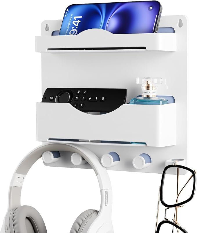 Bedside Wall Shelf Organizer with Glasses Hook, Adhesive Floating Shelf for College Dorm Room Essentials, Cute Room Decor Aesthetic, Teen Girls Bedroom Storage for Phone Kindle Remote - White