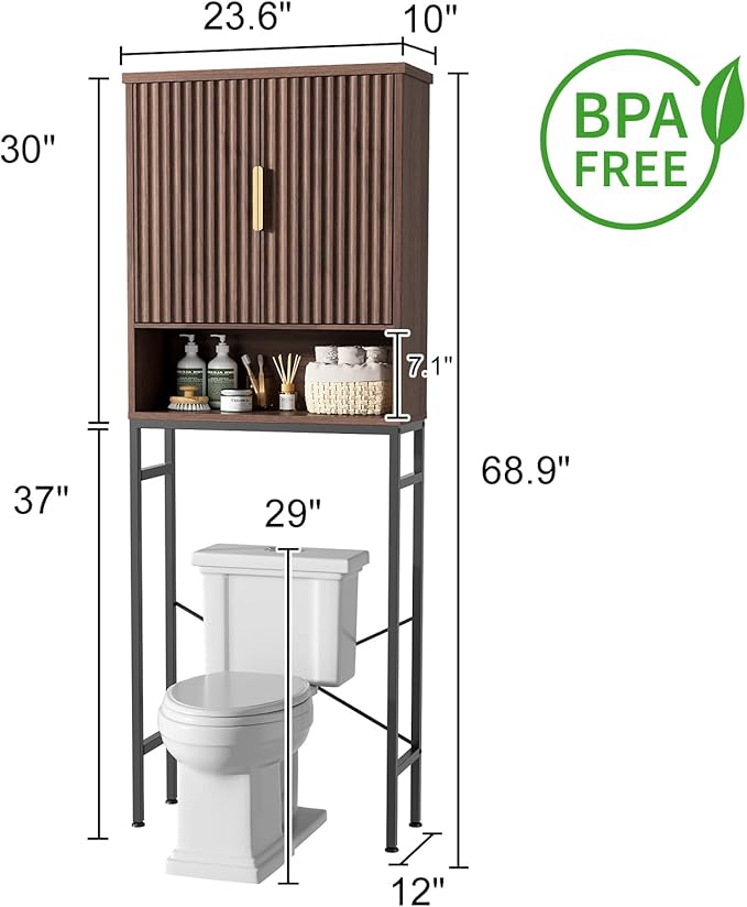 FiveWillowise Over The Toilet Storage Cabinet with Fluted Doors and Adjustable Shelf, Tall Bathroom Organizer with Metal Stand Space Saver Over Toilet, Wood Rack for Bathroom, Restroom, Laundry