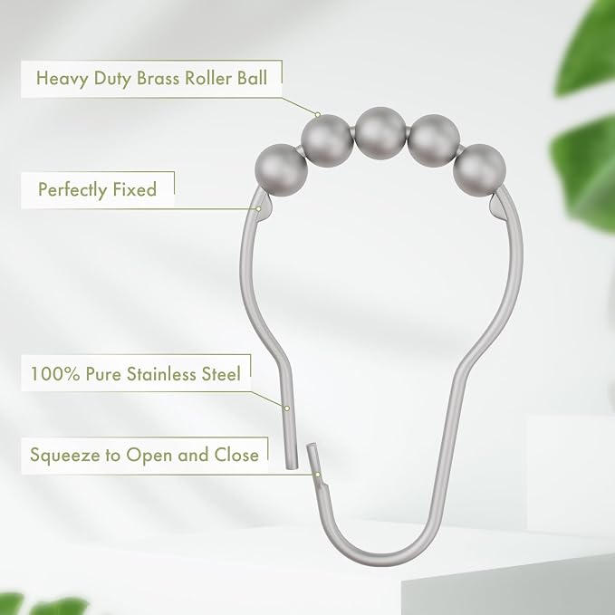 Amazer Shower Curtain Hooks, Decorative Shower Curtain Hooks Rust Proof Stainless Steel Shower Curtain Hooks, Shower Hooks for Shower Curtain Bathroom 12PCS, Space Silver