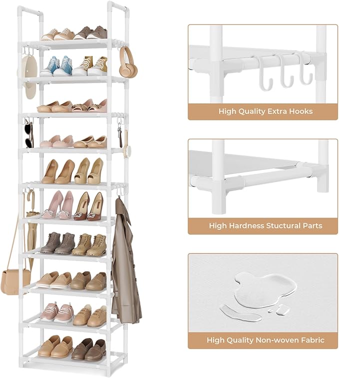 VTRIN 10 Tiers Tall Shoe Rack Holds 20-25 Pairs of Shoes Sturdy Vertical Shoe Organizer with 18pcs Hooks Stackable Narrow Shoe Rack for Closet, Entryway White