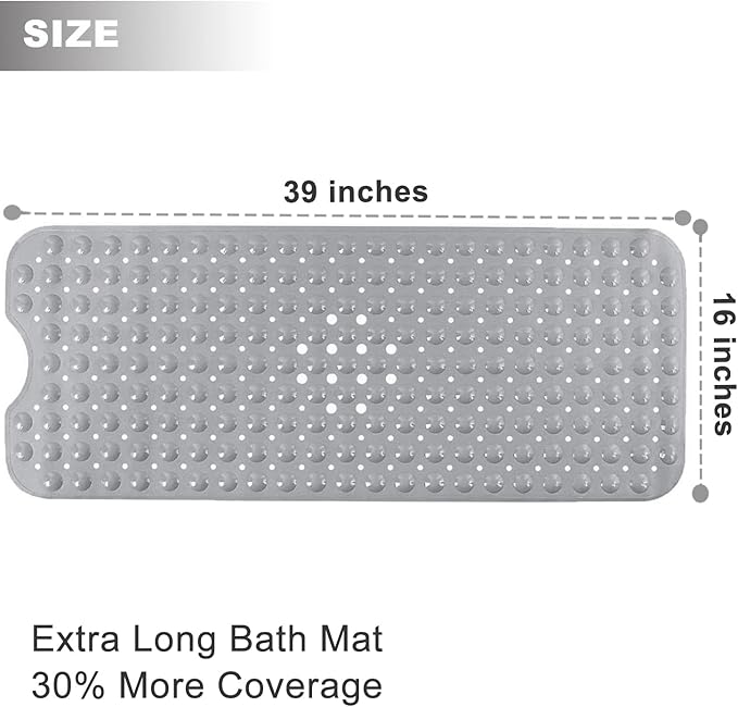 TEESHLY Bathtub Mats for Shower Tub, Extra Long Non-Slip 39 x 16 Inch Bath Mat with Drain Holes and Suction Cups, BathMat for Bathroom with Machine Washable (Opaque Gray)