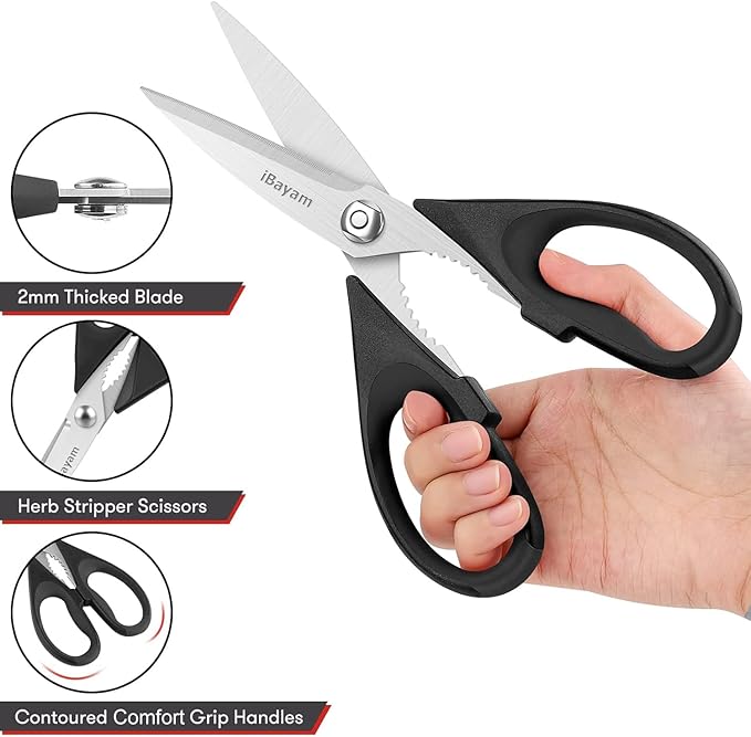 iBayam All Purpose Kitchen Scissors, Kitchen Shears with Protective Sheath Durable Stainless Steel Sharp Scissors, Dishwasher Safe, Soft Grip Handle for Cooking Food Herb Pizza Salad Seafood, 8.5 Inch
