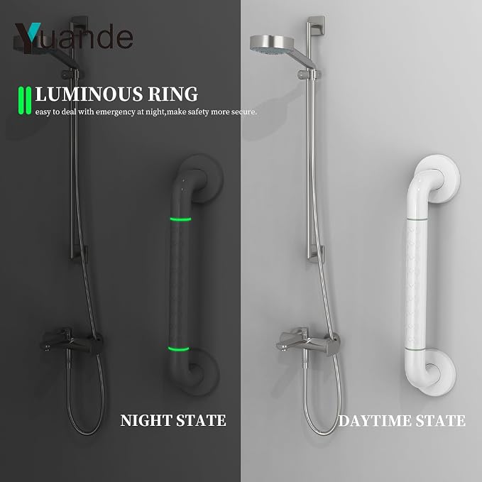 Grab Bars for Shower 14", YuanDe White Bath Grab Bar with Anti-Slip Grip and Safety Luminous Circles, Stainless Steel Bathroom Safety Handrail Support, Safety Bar Handle for Disabled Elderly Pregnant
