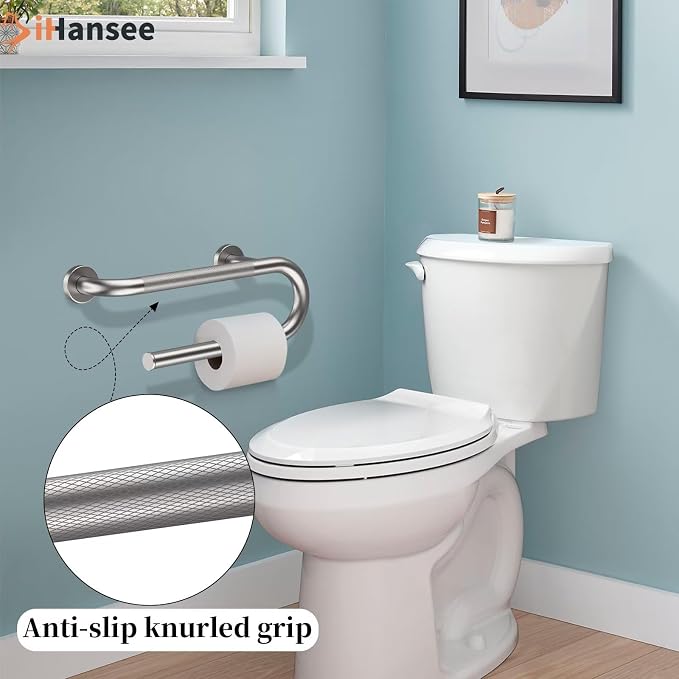𝐔𝐩𝐠𝐫𝐚𝐝𝐞𝐝 Toilet Grab Bars 16 Inch - Toilet Paper Holder Grab Bar Stainless Steel Knurled Toilet Grab Bars for Seniors Bathtub Bathroom Rails for Elderly Safety Balance Support, Brushed Nickel