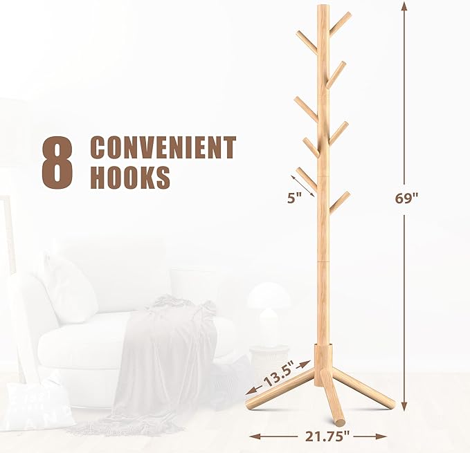 Haddockway Wooden Coat Rack Stand with 8 Hooks New Zealand Pine 3 Adjustable Coat Standing Tree Easy Assembly for Coats, Hats, Scarves and Handbags for Entryway, Hallway, Bedroom, Office