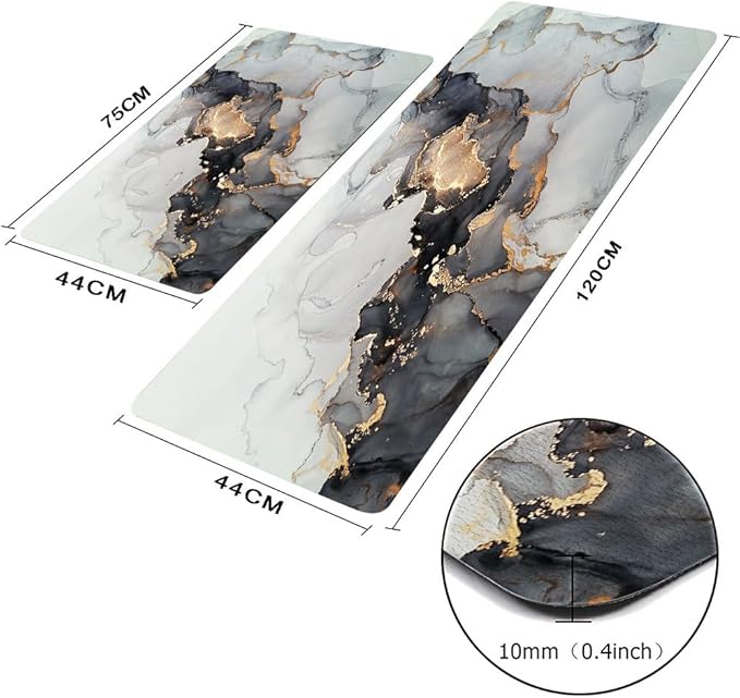 Mrcrypos 2 Pieces Luxury Black and Gold Marble Kitchen Mats PVC Leather Waterproof Non Slip Cushioned Standing Mats Anti Fatigue Kitchen Comfort Mats for Floor,Sink,Laundry,Office 17"x29"+17"x47"