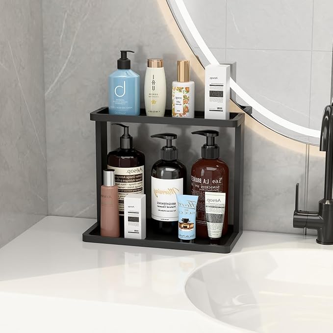 PEKER Bamboo Bathroom Organizer Countertop – Small Vanity Storage Shelf for Makeup, Perfume, Skincare – Natural Cosmetics Display Rack for Dresser, Sink, Kitchen –Black