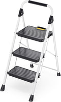 TOOLF 3 Step Ladder, Sturdy Steel Step Stool with Anti-Slip Wide Pedals, Handrail, Safe-Lock Design, Folding Portable Ladder for Multi-Purpose, Home, Kitchen, Pass 800lbs Load Testing, White