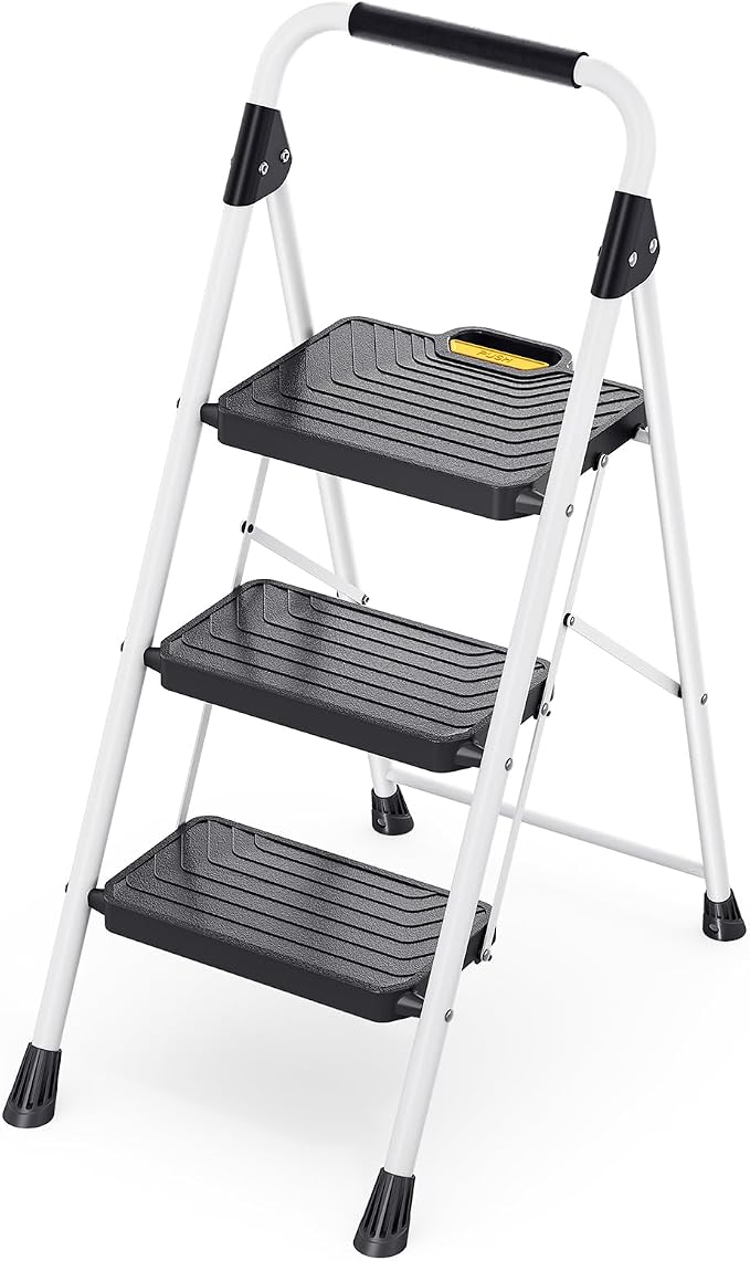 TOOLF 3 Step Ladder, Sturdy Steel Step Stool with Anti-Slip Wide Pedals, Handrail, Safe-Lock Design, Folding Portable Ladder for Multi-Purpose, Home, Kitchen, Pass 800lbs Load Testing, White