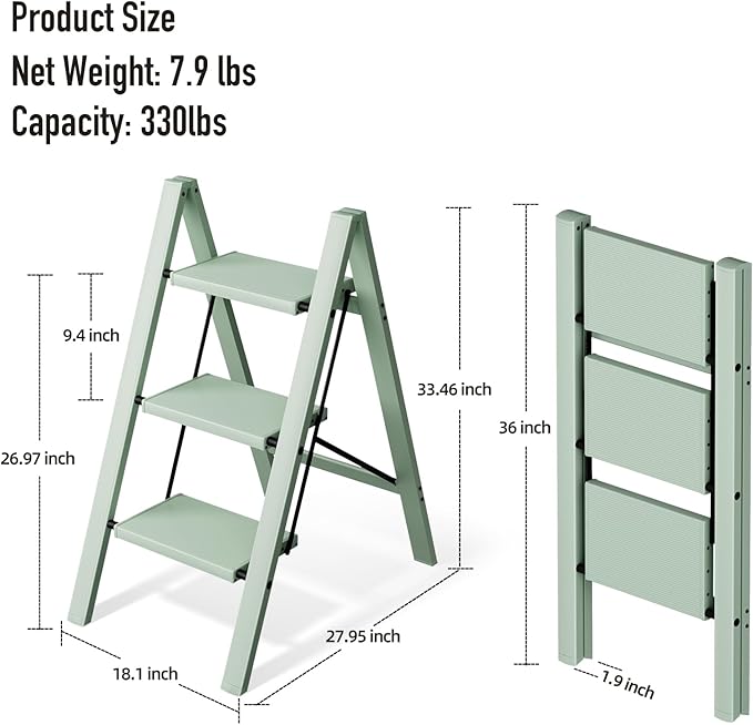 Mayi Plus 3 Step Ladder,Aluminum Folding Step Stool for Adults,Step Ladder with Wide Anti-Slip Pedal,330 lbs Capacity for Home,Office,Kitchen,Library(Green)
