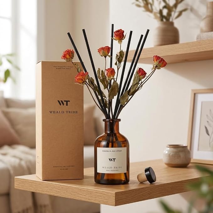 WEALD TRIBE Reed Diffuser Set for Bathroom Air Fresheners, Oil Diffuser Sticks | Sandalwood Rose Scent 4.0 fl oz Home Fragrance with Sticks Defusers | House Bedroom Office Shelf Decor