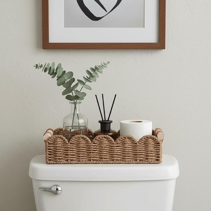 CubesLand Toilet Paper Storage Basket Organizer, Small Wicker Toilet Tank Top Decorative Baskets for Countertop, Handwoven Scalloped Basket w/handle for Home Decor, Living Room, Bedroom, Neutral
