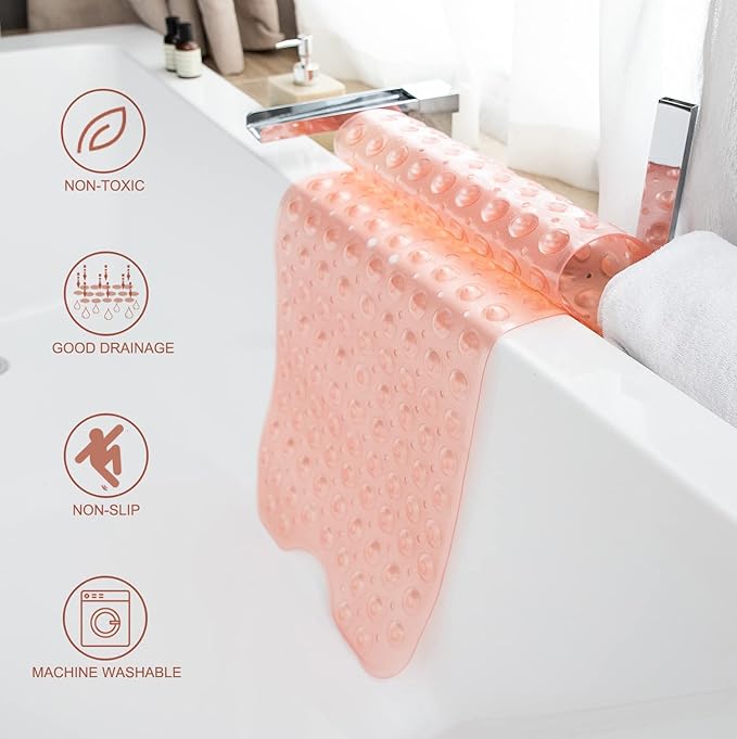 TEESHLY Bathtub Mats for Shower Tub, Extra Long Non-Slip 39 x 16 Inch Bath Mat with Drain Holes and Suction Cups, BathMat for Bathroom with Machine Washable (Clear Coral Pink)