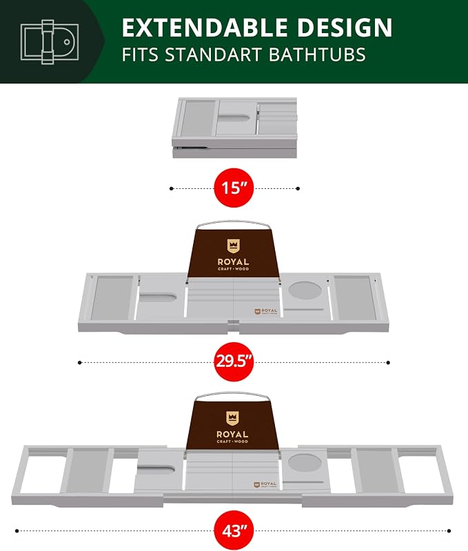 ROYAL CRAFT WOOD Premium Foldable Bathtub Tray Caddy - Wood Bath Tray for Tub, Bamboo Shelf, Expandable Bath Table Trays, Bathtub & Bathroom Accessories for New Home & Mothers, Birthday Gifts for Mom