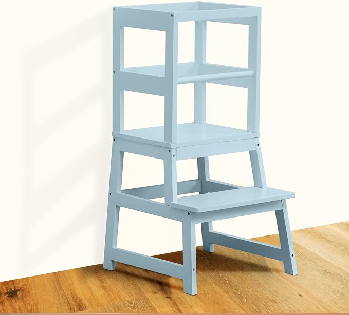 Kitchen Step Stool for Toddlers with Non-Slip Mat, WOOD CITY Wooden Kids Montessori Learning Stool Tower, Toddler Standing Tower Helper for Kitchen Counter and Bathroom Sink(Grey-Blue)