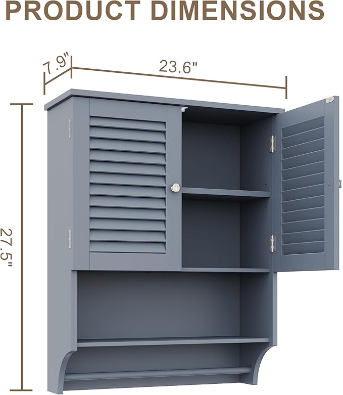 ChooChoo Bathroom Wall Cabinet with Towels Bar, 23.6" L x7.9 W x27.5 H MDF Material Medicine Cabinet, 2 Doors Over The Toilet Space Saver Storage Cabinet with Large Space, Grey