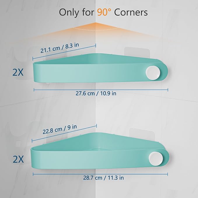 Sotfamily Plastic Shower Caddy Corner (for 90° Only), 4 Pack Adhesive Corner Shower Shelves for Bathroom Organizers and Storage, Turquoise