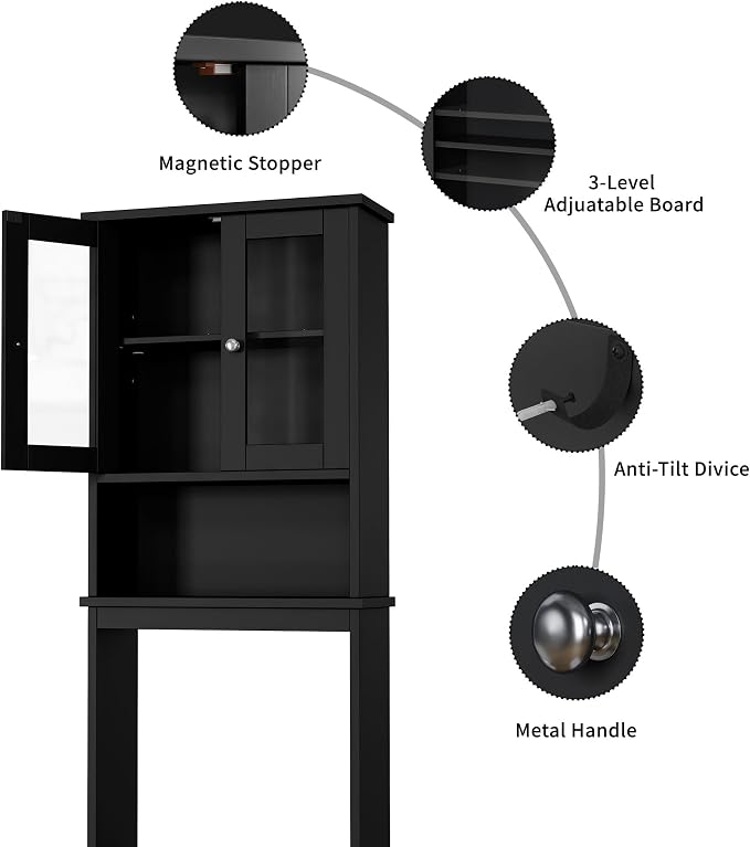 Shintenchi Over The Toilet Storage Cabinet, Bathroom Shelf Organizer with Anti-Tip Device Small Freestanding Space Saver with Adjustable Shelf and Glass Door, Black