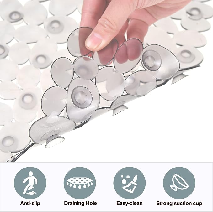 SONGZIMING Bathtub Mat Non Slip Pebble Bath Shower Mat with Drain Holes, Suction Cups Mat for Tub 16" W x 35" L, Clear Grey