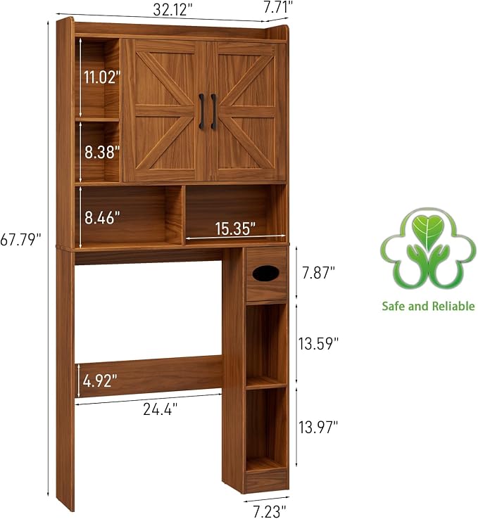 Vabches Over The Toilet Storage Cabinet, Farmhouse Storage Cabinet Over Toilet with 2 Barn Door & Toilet Paper Holder Stand，Home Space-Saving Toilet Rack, for Bathroom, Restroom, Laundry.Caramel