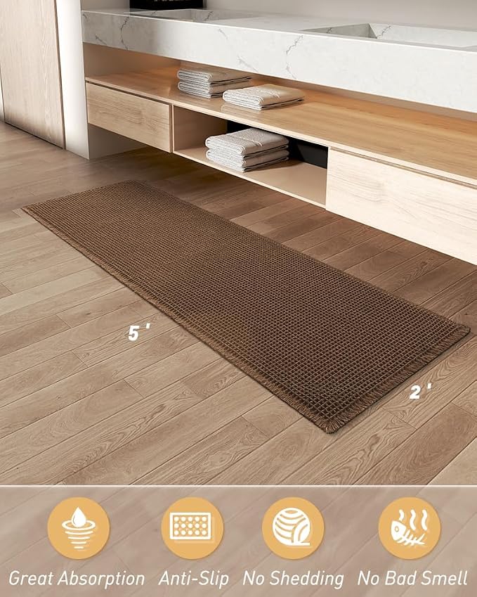 Upgraded Waffle Runner Rug Super Absorbent Non Slip Bath Mats for Bathroom Machine Washable Bathroom Runner Rug with Tassels, Ideal for Hallway Bedroom Laundry Room, 2' x 5' (24" x 60"), Terracotta