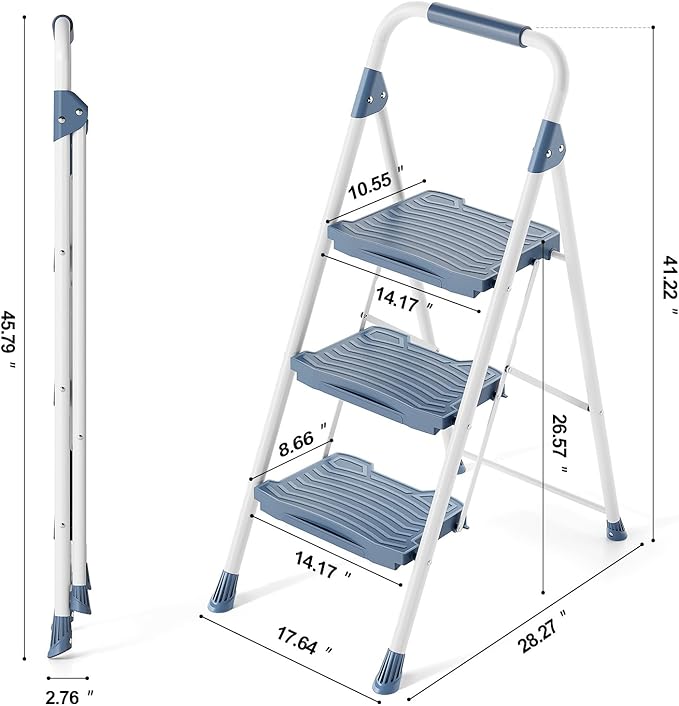 KINGRACK 3 Step Ladder, 900lbs Sturdy Step Stool with Handrail, Non-Skid Wide Pedals, Foldable 3 Stepladder with Safety Locking for Home, Garage, Garden, Office, Blue