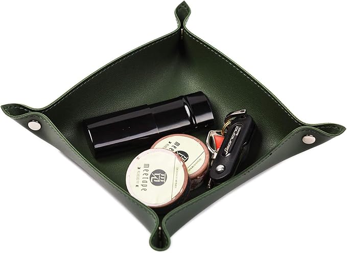 Leather Jewelry Valet Tray for Women and Man, Entryway Table Bedside Nightstand Desk Portable Small Catchall Travel Dish Plate for Key,Wallet,Watch,Phone,Coin(Dark Green-B)