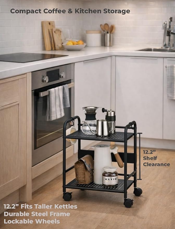 2-Tier Metal Rolling Cart, Under Desk Storage with 12.2" Shelf Clearance, Anti-Drop Guard & Hooks, Compact Utility Cart for Kitchen, Office, Laundry, Bathroom, Pantry, Living Room - Black