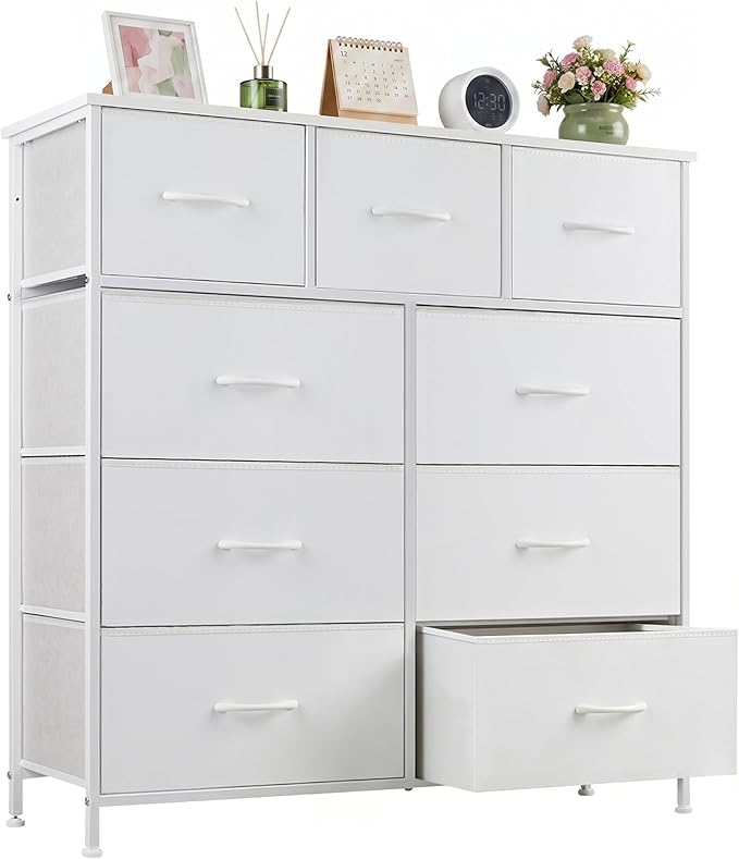 9-Drawer Dresser for Bedroom, Anti-Tip Tall Storage Organizer Chest of Drawers with Wooden Top and Metal Frame Fabric Bins for Closet, Living Room, Hallway, Entryway, Ivory White